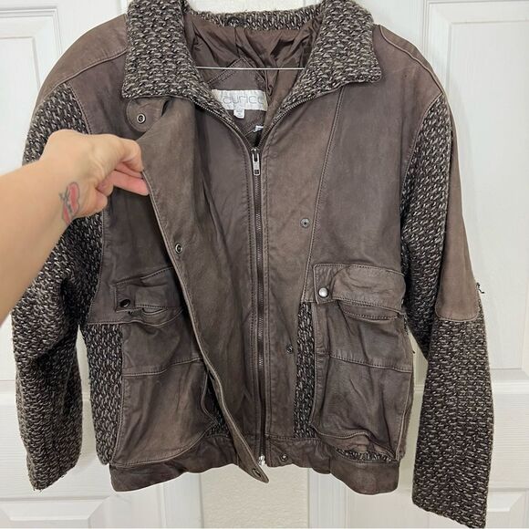Vintage Laurice 80’s Bomber Jacket Brown Leather Wool Sweater Sleeves Size L - Picture 13 of 15
